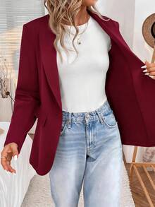 SHEIN LUNE 2024秋冬新款灰綠色女款收腰鈕扣西裝外套，休閒風 - 中紫紅色 - 查看 9