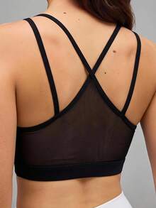 SHEIN Cheerettes Women's Mesh Patchwork Sports Bra Black Strappy With Removable Pads Supportive Lift Breathable For Gym Yoga Workout Summer Sporty Sexy Athleisure - Black - View 3