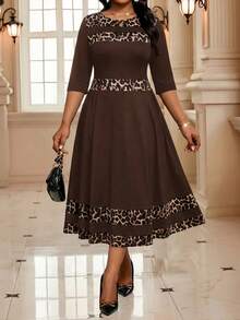 SHEIN Lady CURVE Plus Size Women's Patchwork Leopard Print Round Neck 3/4 Sleeve Elegant Dress - Brown - View 6