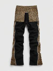 ROMWE MEN Men's Leopard Print Patchwork Layered Flare Jeans - Black - View 3