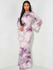 Veilorie 女款優雅長袖後背繫帶收腰魚尾下擺洋裝 - 白色 - 查看 1