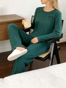 Women Cotton Heart Embroidery Detail Long Slseve Shirts&Pants Homewear Pajama Lounge Set - Green - View 4