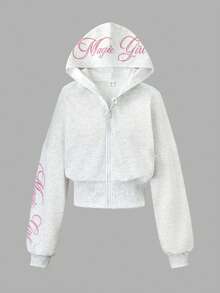 SHEIN 青少年女孩連帽衫兩件套，拉鍊連帽衫，休閒，寬鬆，針織，返校季，復古，秋季服飾，秋季字母灰色女孩套裝，韓系Y2K - 灰色 - 查看 6