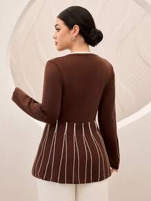 Graceveil Sweater Fashion Wanita Lengan Panjang Bergaris dengan Kerah Bulat dan Hiasan Ruffle di Bagian Bawah - MultiWarna - View 2