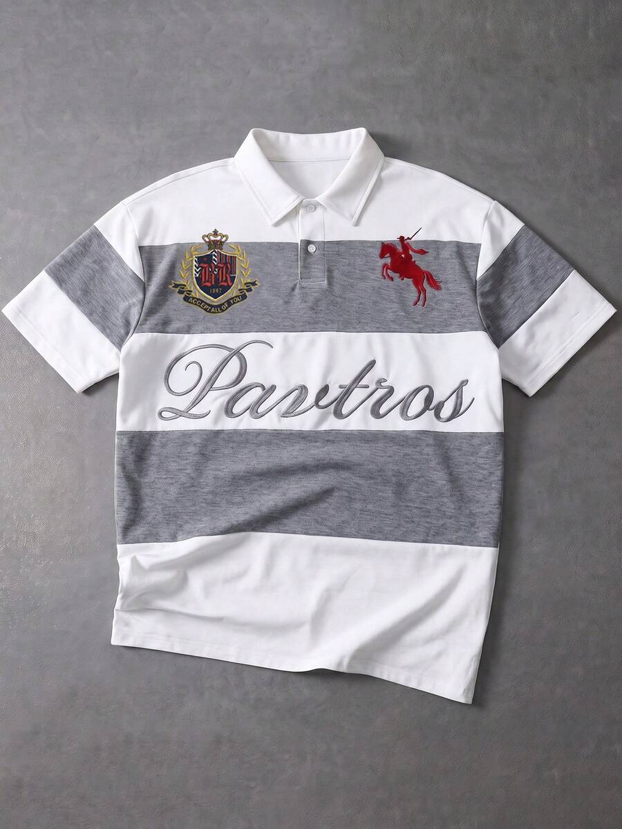 PAVTROS 男士夏季休闲刺绣英文徽章印花宽松条纹学院风日常通勤精致短袖Polo衫 - 彩色 - 查看 1