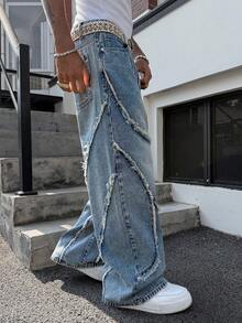 Manfinity EMRG Men's Street Casual Design Frayed Patchwork Vintage Washed Wide Leg Pants - Light Wash - View 3