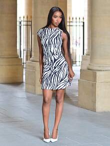 Mima John Elegant Resort Style Zebra Print Metal Decor Ruched Mini Dress, Summer Vacation Beach Outfit, Hawaii Wear,Summer Dresses For Women White - White - View 3
