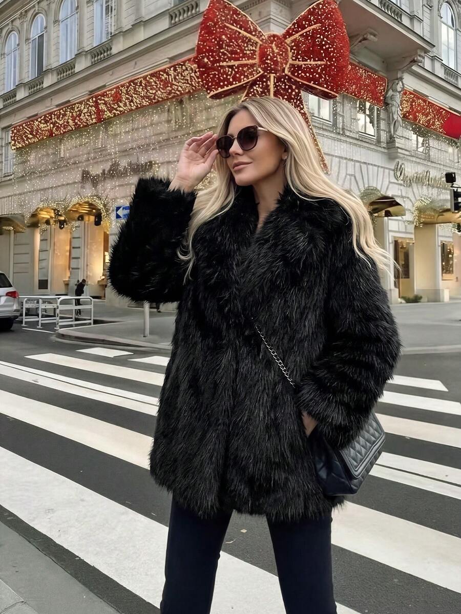 Women's Long Faux Fur Coat – Elegant Plush Winter Overcoat - Black - View 1