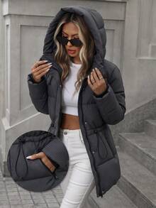 Aveloria Modichic Fashionable Casual Adjustable Waist Plaid Print Hooded Padded Coat Winter - Navy Blue - View 2