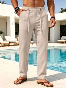 VENTUSAIL Men's Solid Color Drawstring Linen-Feel Casual Pants, Long Trousers With Pockets, Suitable For - Khaki - View 4
