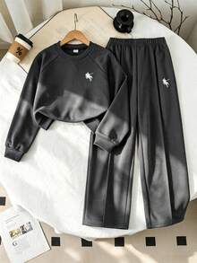 SHEIN 青少年女孩秋季套裝 2件式休閒寬鬆馬小妹衛衣與寬腿運動長褲套裝 返校穿搭 - 深灰色 - 查看 3