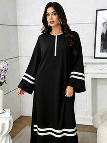 Mulvari Women's Black & White Color Block Casual Loose Fit Pullover Long Sweatshirt Dress - Black - View 7
