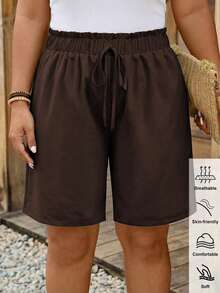Comfylo Plus Size Solid Color Drawstring Waist Ruched Casual Versatile Daily Shorts - Brown - View 1