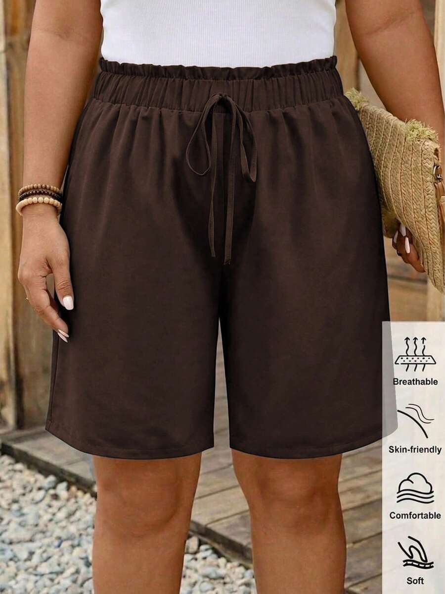 Comfylo Plus Size Solid Color Drawstring Waist Ruched Casual Versatile Daily Shorts - Brown - View 1