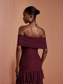 JIAN LASALA Mesh Off Shoulder Layered Sleeve Women Boho Dress Vacation Casual Holiday - Burgundy - View 3