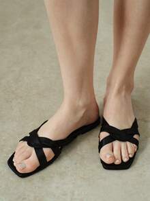 Styleloop Sandal Wanita, Gesper, Gaya Musim Panas, Sandal Datar - Hitam - View 9