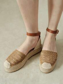 Styleloop Women's Camel Holiday Style Hollow Braided Strap Hemp Rope Platform Shoes - Camel - View 3