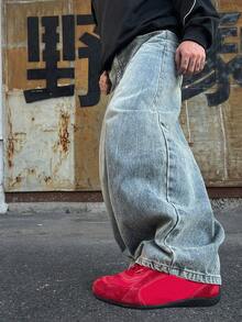 DAZY Spring/Autumn Blue Washed Denim Distressed Yellow Curved Pocket Loose Fit Streetwear Men's Jeans - Blue - View 4