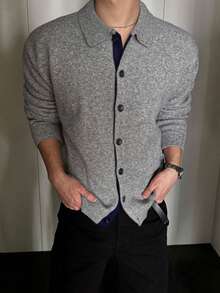 DAZY Spring/Autumn Gray Mixed Fabric Lapel Placket Black Contrast Color Men's Cardigan - Grey - View 4