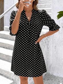 SHEIN Clasi 女款V領波點休閒優雅日常夏季洋裝，黑白波點，適合早午餐與茶會 - 黑色 - 查看 6