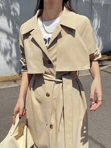 FRIFUL Women's Autumn Solid Khaki Belted Long Trench Coat - Khaki - View 6