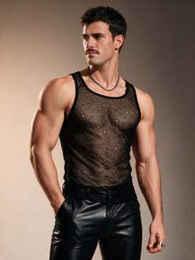 ZURIURI Men's Sexy Lace Mesh Ripped See-Through Tight Vest - Black - View 5