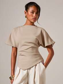 COSMINA Women's Elegant Ruched Round Neck T-Shirt, Suitable For All Seasons Neutral Tops - Khaki - View 3
