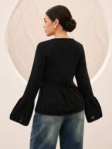 Graceveil Women's Autumn/Winter Casual Solid Color Bell Sleeve Sweater - Black - View 2