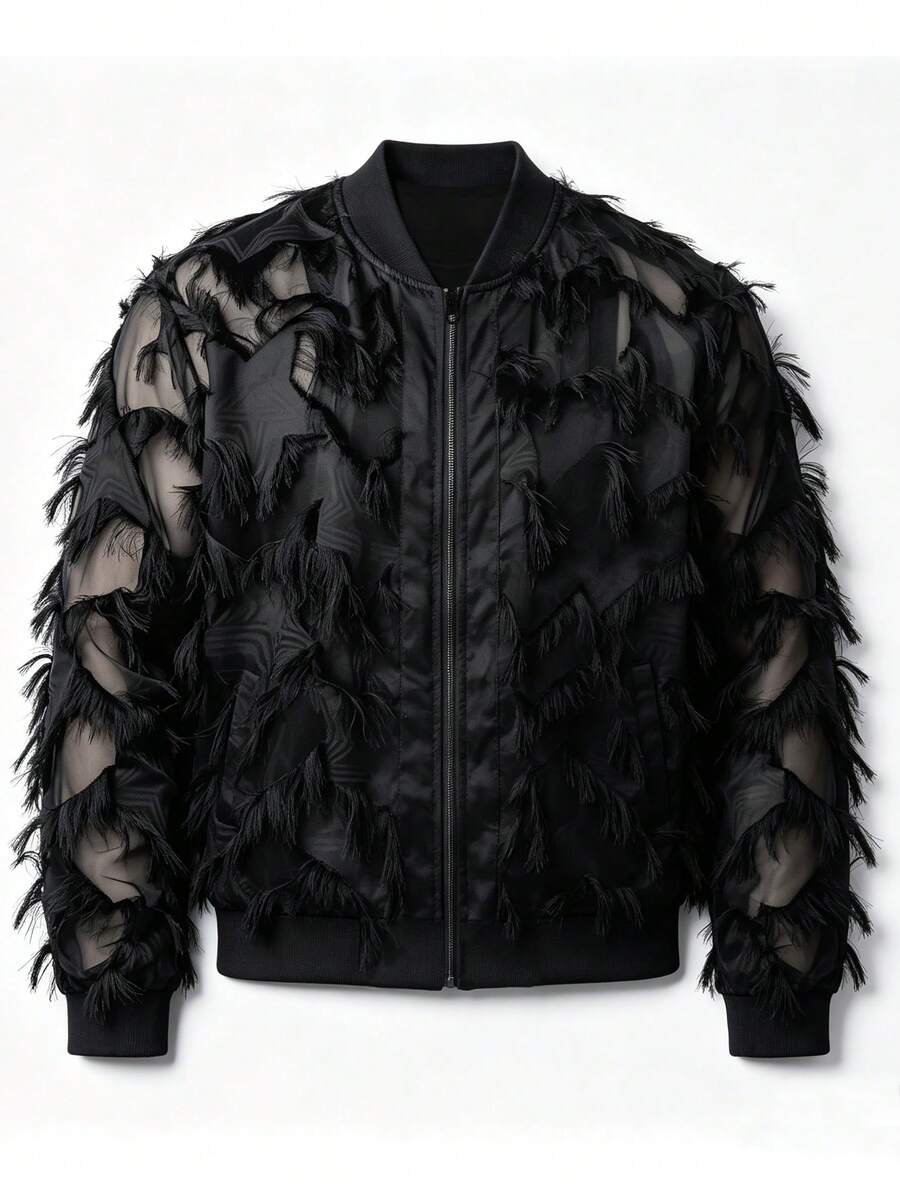 Manfinity Homme Men's Tassel Design Long Sleeve Zip-Up Baseball Jacket - Black - View 1
