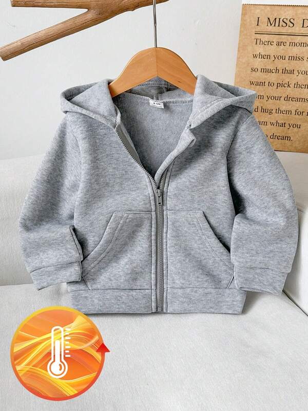 SHEIN Playful Pals 1PC Infant Toddler Baby Boy Solid Color Long Sleeve Zipper Front Casual Pocket Hooded Jacket School Grey Autumn Baby Fleece-Lined Sweatshirt Jacket