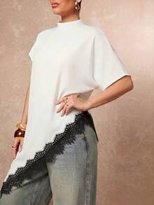 Lumalex 秋冬優雅蕾絲拼接不對稱假領短袖女上衣 Dawn-To-Gala 優雅端莊 讓妳展現美麗光彩 - 黑與白 - 查看 4