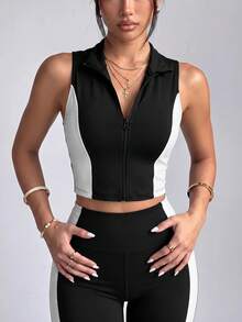 SHEIN Sports Girl Style Doll Half-Zip Line Design Sleeveless Top, Women's Colorblock Sports Tank Jacket - Black, Slim Fit Mock Turtle Neck Sleeveless T-Shirt With Zipper Design - Multicolor - View 3