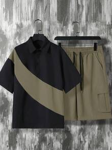 Manfinity Hypemode Men's Color Block Shirt & Solid Color Cargo Shorts Set, Men's Street Wear Sets, Two-Piece Sets For Men, Cozy Outfits - Multicolor - View 5