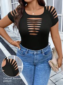 SHEIN Clasi Talla grande Camiseta con abertura escalonada de manga raglán - Negro - Ver 1