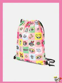 THE POWERPUFF GIRLS X SHEIN Color Block Grid Cartoon Character & Mini Element Print Drawstring Storage Backpack, Portable Drawstring Sack Bag For Sports Gym Travel Daily Carry - Cartoon-3 - View 2
