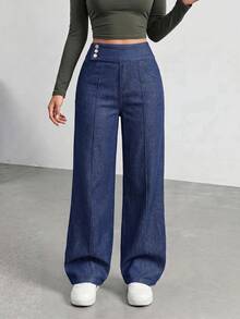 Flexra Women's Straight Leg Denim Jeans With Waist Button Design And Pockets Night Holiday Dark Blue Summer Casual - Blue - View 5