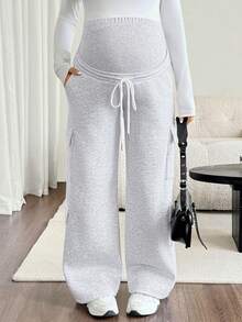 SHEIN Maternity Casual Versatile Adjustable Waistband Cargo Sweatpants With Pockets - Light Grey - View 4