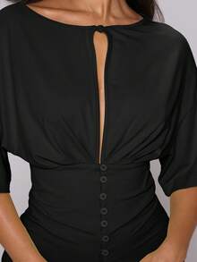 MUSERA Lime Green Button Through Wide Sleeve Open Front Top - Black - View 6