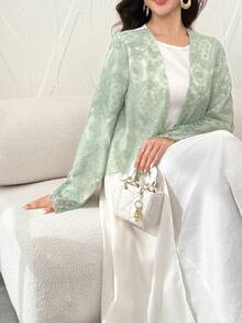 Yasmyna 淺綠色亮片蕾絲拼接長袖喇叭袖阿巴亞長袍 - 杏色 - 查看 3