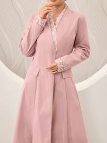 Graceveil Vestido Abaya para mujer de color rosa con encaje, escote en V, cintura ceñida, falda acampanada, elegante para ir al trabajo, con un solo botón - Rosa - Ver 2