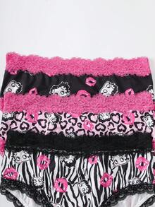 Betty Boop x SHEIN Plus Size Lace Trim Cartoon Print Panties - Black - View 3