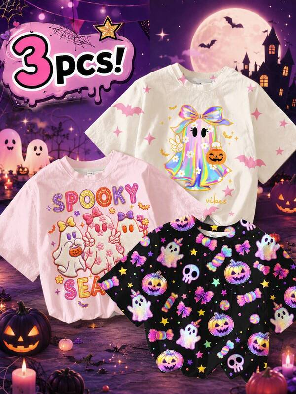 White, Black, Pink, Tween Girl Casual Comfortable Crew Neck Short Sleeve Halloween T-Shirts 3pcs Set, Summerween, Halloween Neon Glow Little Ghost, Pumpkin, Candy, Trick Or Treat! Just Waiting For Halloween!