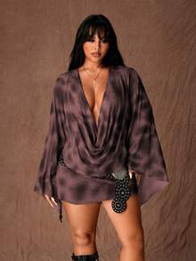 Rustia Gaun Mini Bodycon Jala Motif Leopard dengan Leher Berlipat Dalam dan Lengan Mengembang, Pakaian Pesta Seksi untuk Wanita, Awal Musim Gugur - Red Violet - View 1