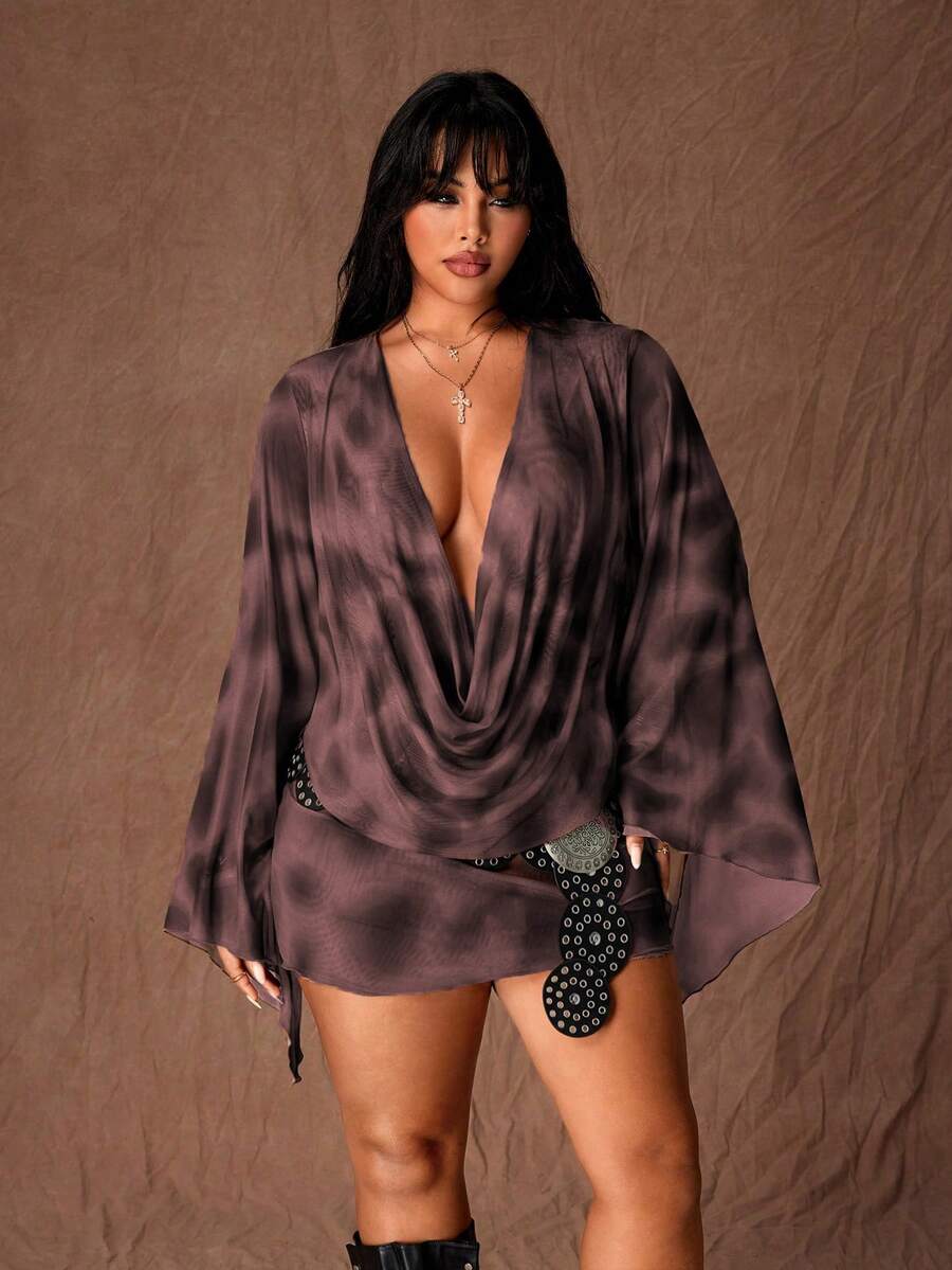 Rustia Gaun Mini Bodycon Jala Motif Leopard dengan Leher Berlipat Dalam dan Lengan Mengembang, Pakaian Pesta Seksi untuk Wanita, Awal Musim Gugur - Red Violet - View 1
