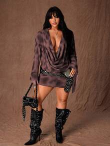 Rustia Gaun Mini Bodycon Jala Motif Leopard dengan Leher Berlipat Dalam dan Lengan Mengembang, Pakaian Pesta Seksi untuk Wanita, Awal Musim Gugur - Red Violet - View 6