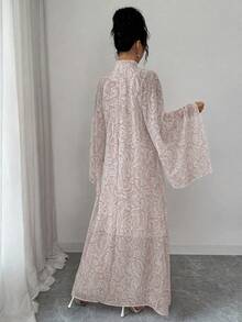 Rafferiza Gaun Wanita Gaya Arab, Sari Chiffon Bermotif Gelombang Air Geometris, Kerah Tegak Kecil Longgar Aneka Warna, Lengan Mengembang - Putih - View 2