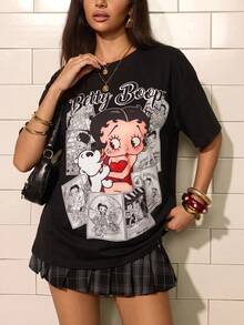 Betty Boop x SHEIN Women's Letter & Cartoon Print Casual Versatile Everyday T-Shirt - Black - View 4