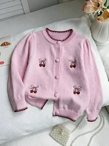 Girls Toddler Cute Peter Pan Collar Knitted Cardigan Sweater Long Sleeve Jacket With Cherry Embroidery Autumn Fall - Apricot - View 6