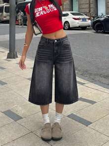 Teen Girls Blue Denim Loose Wide Leg Pants - Black - View 2