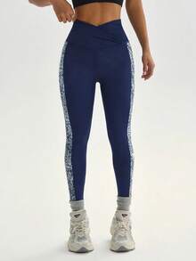 SHEIN Sports Women's High Waist Colorblock Casual Daily Sports Tight Leggings - Navy Blue - View 3